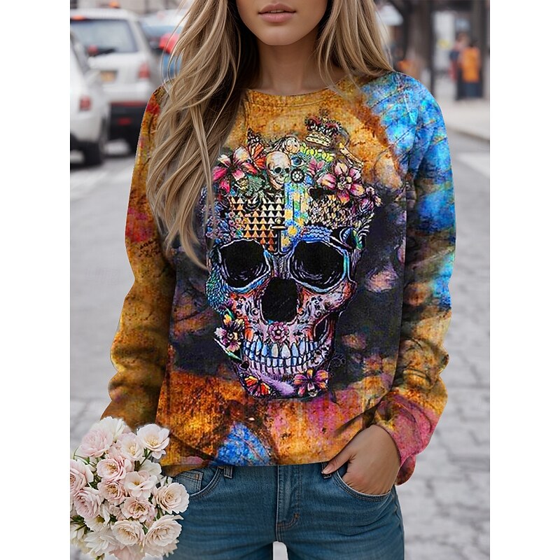 Halloween Women's Sweatshirts Skulls Graphic Casual Long Sleeve Crew Neck Regular Tops Street Casual Holiday Print Black Red Blue Purple Spring Fall Winter4