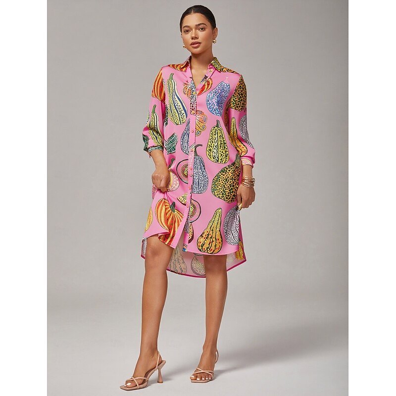 Women's Pumpkin Print Shirt Dress V Neck Loose Fit Asymmetrical Hem Split Design Bold Stylish Fashion Forward Daily Work Party Fall