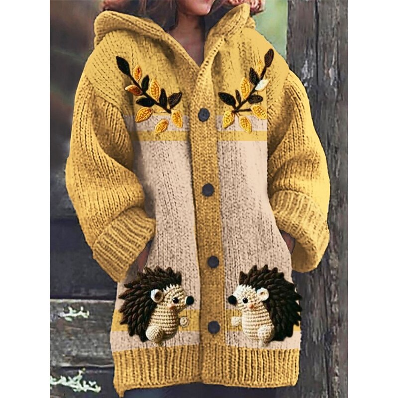 Women's Cardigan Vacation Daily Animal Ribbed Hooded Knitted Print Front Pocket Long Sleeve Regular Tops Knit Outdoor Daily Holiday Black Yellow Fall Winter