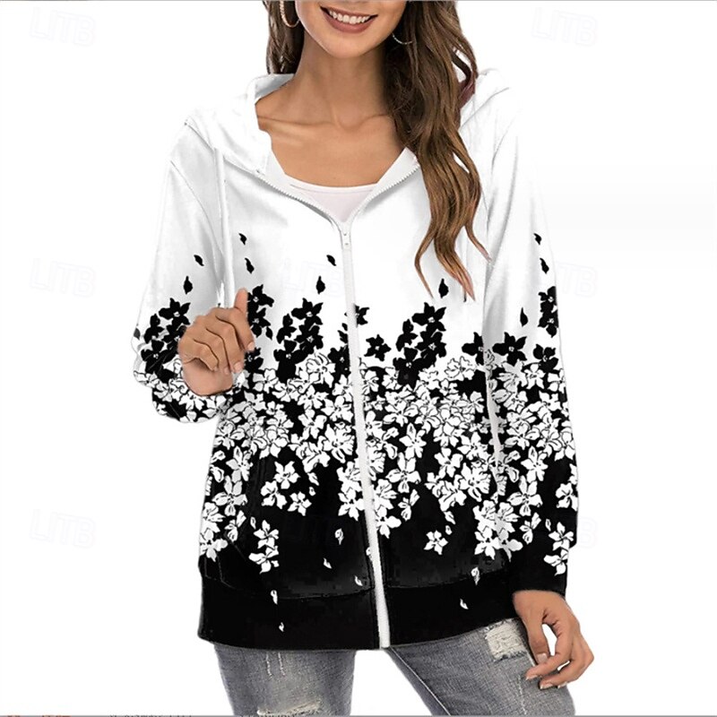 Women's Zip Up Hoodies Floral Tie Dye Streetwear Casual Long Sleeve Hooded Regular Tops Street Going out Zipper Print White Yellow Blue Green Gray Fall - Main Image