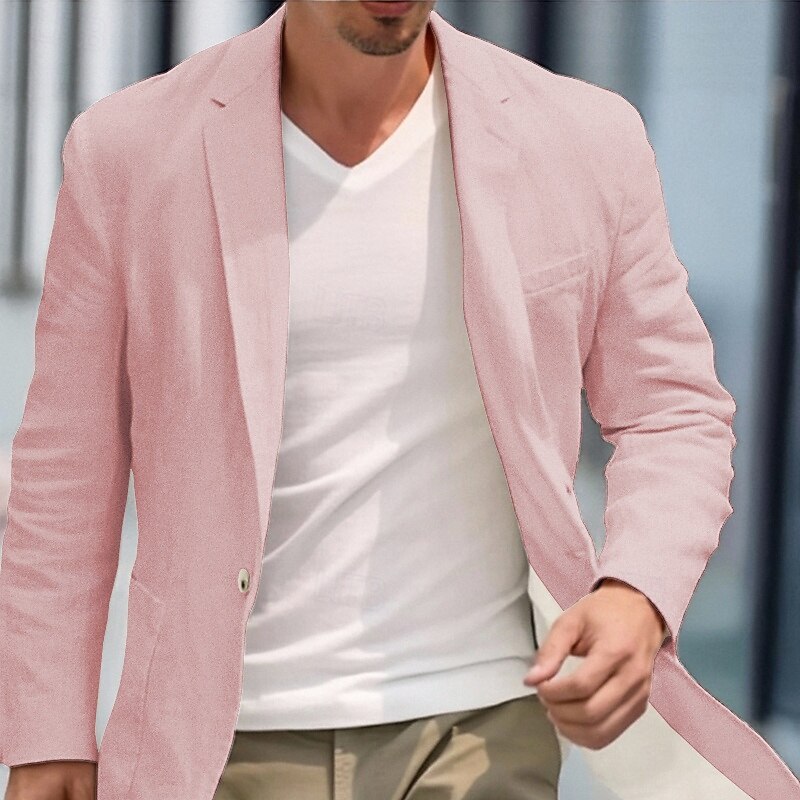 Men's Blazer Business Cocktail Party Wedding Party Fashion Casual Spring Fall 100% Cotton Plain Pocket Buttons Comfortable Single Breasted Blazer White Pink Light Blue2