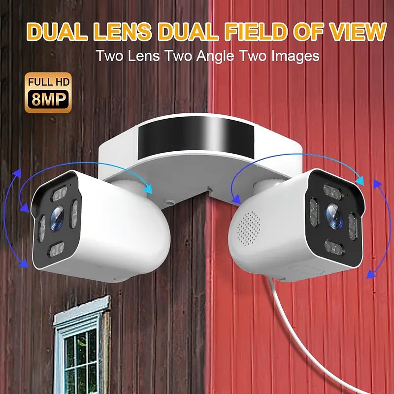 8 Megapixel Smart Wireless Wifi Outdoor Security Camera 360 Panoramic Outside Angle Mount with Dual Bullet Cameras Full Colour Night Vision Smart AI Motion Detection Sound and Motion Alerts