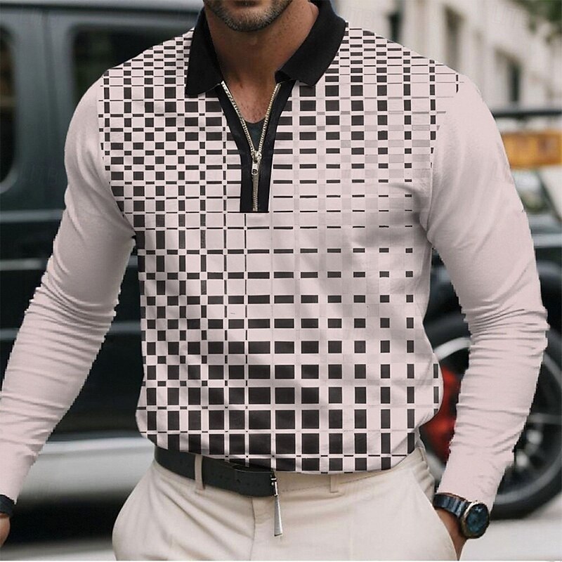 Men's Geometric Pattern Polo Long Sleeve Turndown Modern Casual Sports & Outdoor Athleisure Casual Daily Zipper 3D Print Spring Fall Winter dark brown Light Brown White4