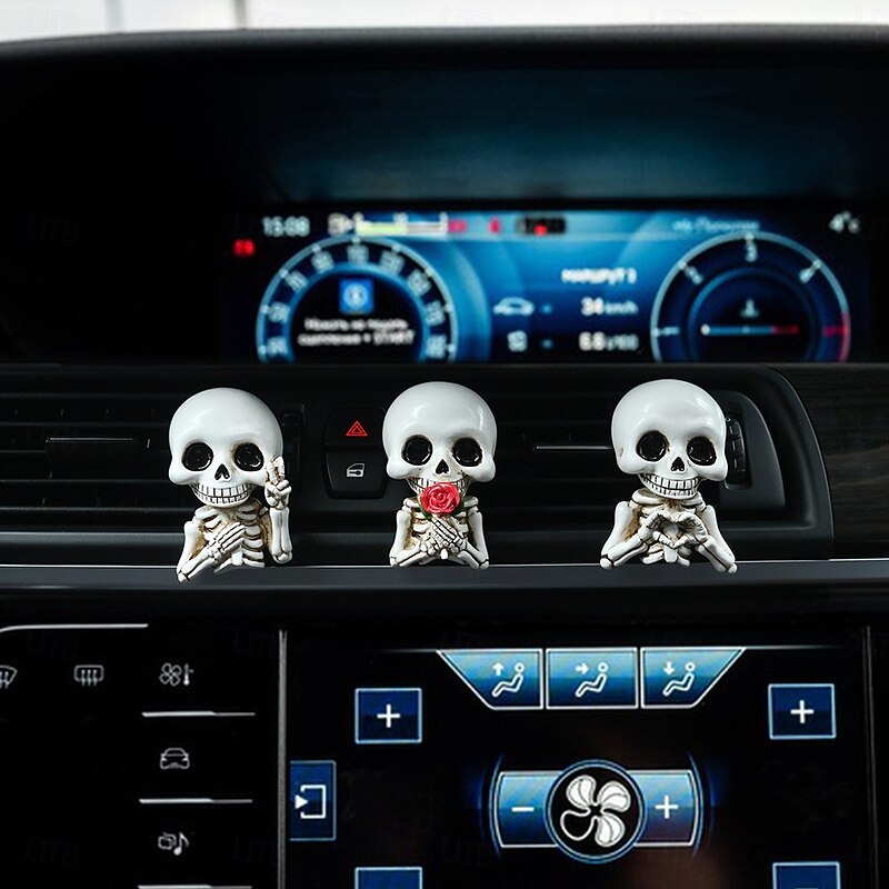 3pcs Halloween Skeleton Car Air Fresheners, Creative Resin Skull Vent Clip Decorations, Spooky Car Interior Accessories for AC Air Outlet, Fragrance Car Ornaments
