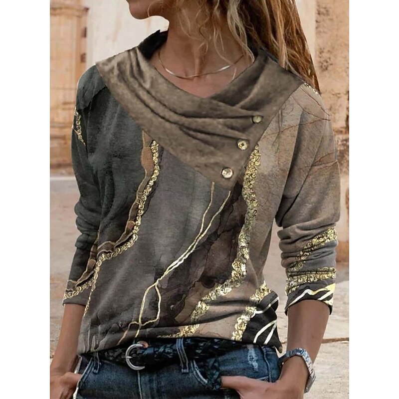 Women's T shirt Long Sleeve Geometric Abstract Basic Long Sleeve Pile Neck V Neck Regular Tops Daily Weekend Buttons Print Royal Blue Blue Gray Spring Fall Winter Prefall3