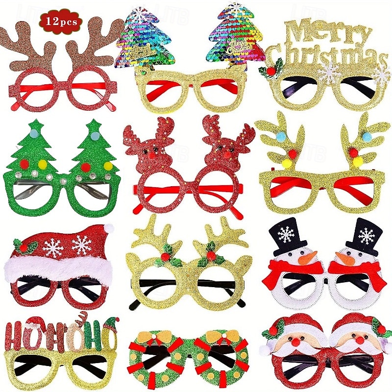12Pcs Christmas Glasses Glitter Holiday Party Glasses Frames Christmas Decoration Accessories Costume Eyeglasses for Christmas Parties Holiday Favors (One Size Fits All)