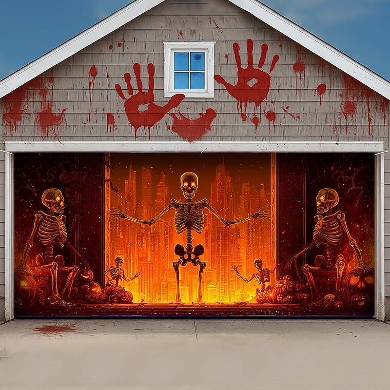 Halloween Tapestry Garage Door Cover Large Hanging Backdrop Skeleton Flame Dark Punk Gothic Style Party Outdoor Shooting Backgrounds Yard Haunted House Home Decor