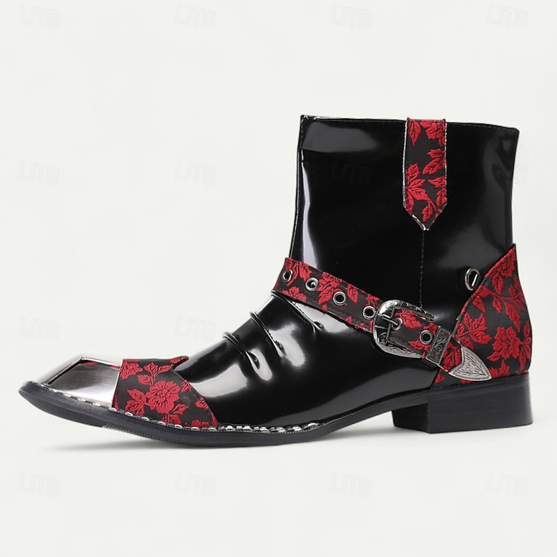 Men's Black Patent Leather Ankle Boots with Red Gothic Pattern, Punk Style Dress Boots for Parties, Stage Performance and Nightlife4