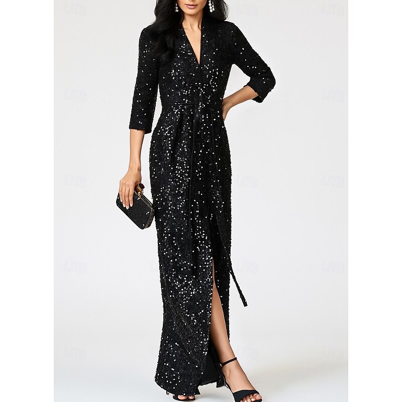 Black Tie Sequined Sheath / Column Evening Gown Elegant Dress Formal Wedding Floor Length 3/4 Length Sleeve V Neck with Glitter Strappy 20253