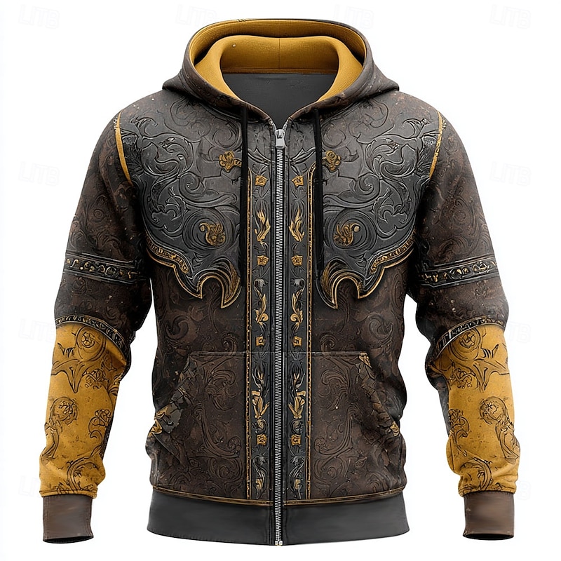 Men's Cowboy Costume Hoodie Jacket Sweatshirt Western Cowboy All Over Print Zip Vacation Streetwear Lake blue Brown Zipper Fall Winter Designer