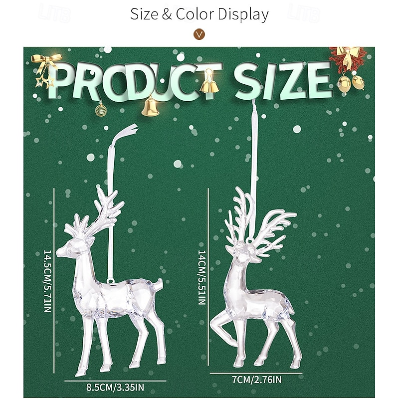 2PCS Christmas Crystal Reindeer Ornaments, Acrylic Transparent Reindeer Hanging Decorations, Christmas Tree Hanging Pendant Figurines for Holiday Party Home Decor2