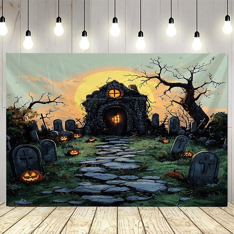 Halloween Graveyard Backdrop Tapestry with Glowing Pumpkins, Haunted Tombstones and Bats, Spooky Cemetery Wall Hanging for 2025 Halloween Home Party Decoration2