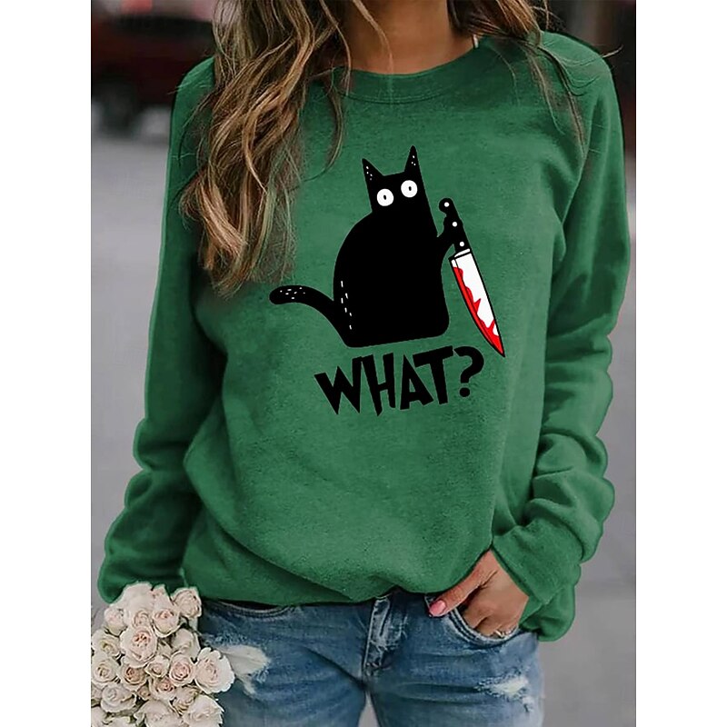 Halloween Women's Sweatshirts Black Cat Graphic Cat Letter Fashion Casual Long Sleeve Crew Neck Round Neck Regular Tops Street Dailywear Casual Print Blue Orange Brown Green Fall Winter2