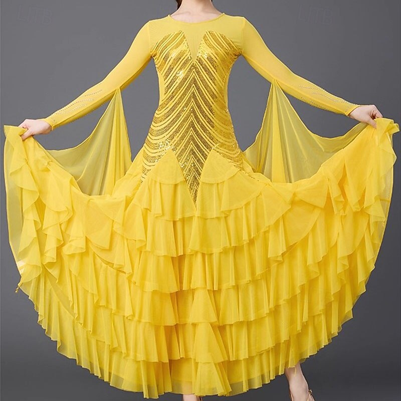 Ballroom Dance Dress Sequins Women's Performance Party Long Sleeve Linen Cotton Blend4