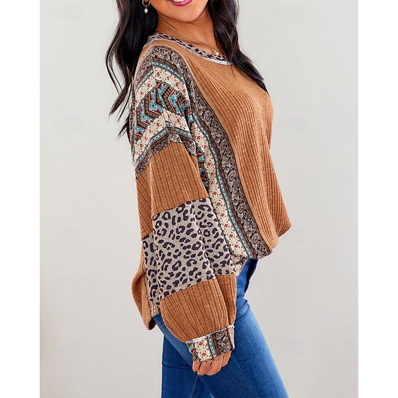 Women's Texture Sweatshirt Pullover Sweatshirt Sweatshirts Leopard Color Block Streetwear Casual Long Sleeve Crew Neck Regular Tops Street Holiday Going out Patchwork Wine Brown Fall Winter4