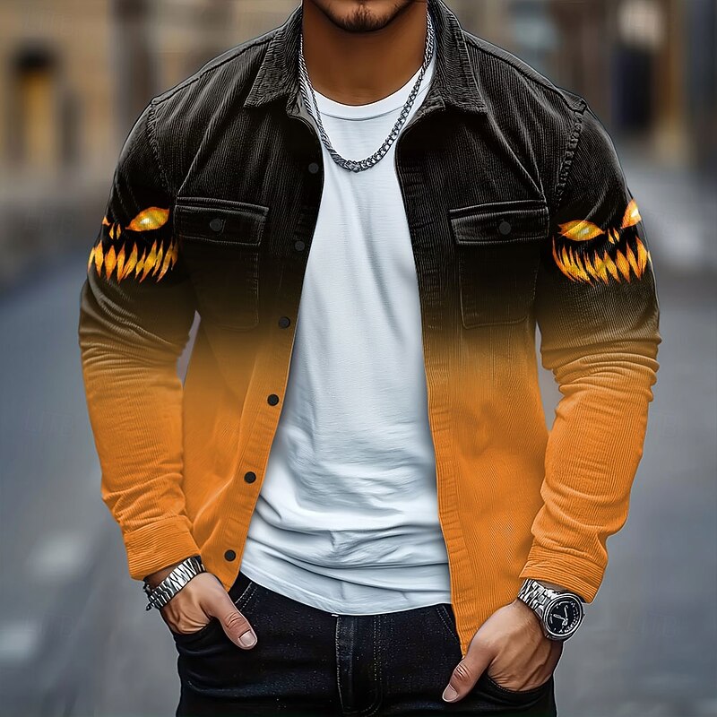 Halloween Men's Pumpkin Halloween Costumes Corduroy Shirt Shirt Jacket Overshirt Long Sleeve Dark Gothic Style Holiday Fall Winter Turndown Button-Down Warm Jacket with Flap Pockets Blue Purple