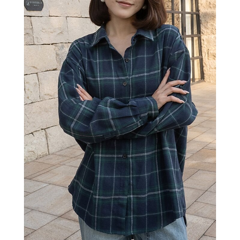 Women's Shirt Blouse Plaid Casual Long Sleeve Shirt Collar Regular Tops Daily Holiday Going out Buttons Red Navy Blue Fall3