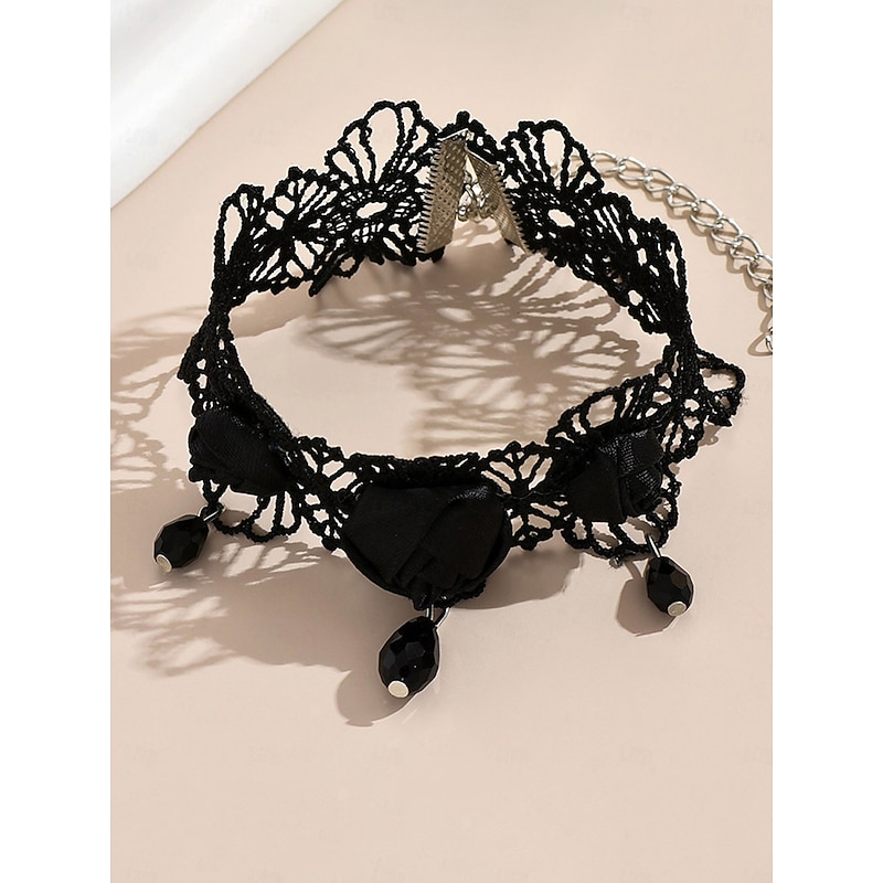 Women's Black Lace Rose Ankle Bracelet with Dangling Beads, Gothic Foot Jewelry for Halloween Parties4