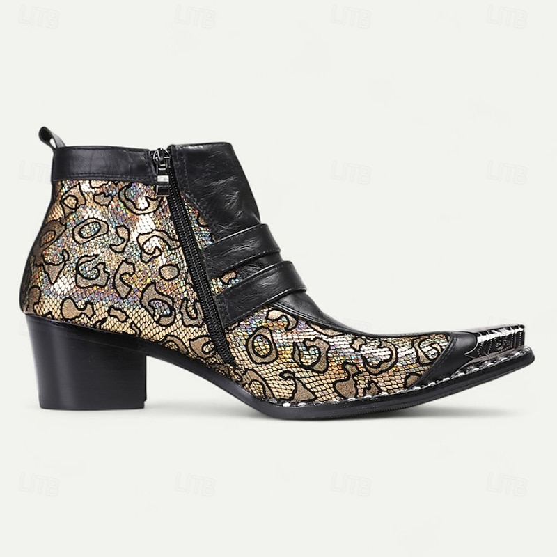Men's Black and Gold Jacquard Buckle Boots – Vintage Gothic Faux Leather Ankle Shoes for Party, Concerts and Fashion Outfits4