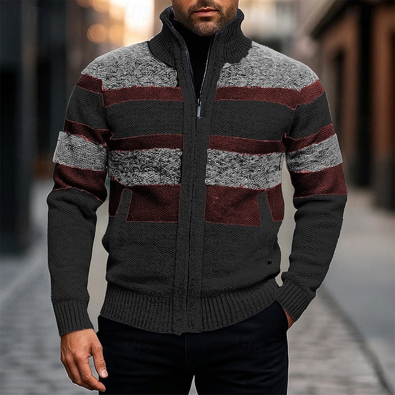 Men's Cardigan Sweater Cropped  Sweater Zip Sweater Knit Sweater Ribbed Knit Regular Tops Patchwork Pocket Color Block Stand Collar Fashion Classic Vacation Daily Wear Clothing Apparel Fall Winter4