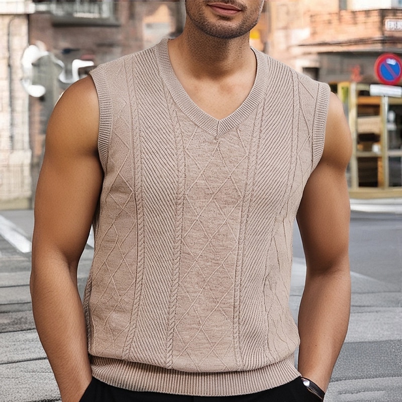 Men's Sweater Vest Dress Sweater Pullover Sweater Jumper Vest Knit Sweater Ribbed Knit Regular Tops Knitted Plain V Neck Fashion Casual Vacation Daily Wear Clothing Apparel Spring Fall Camel Navy Blue