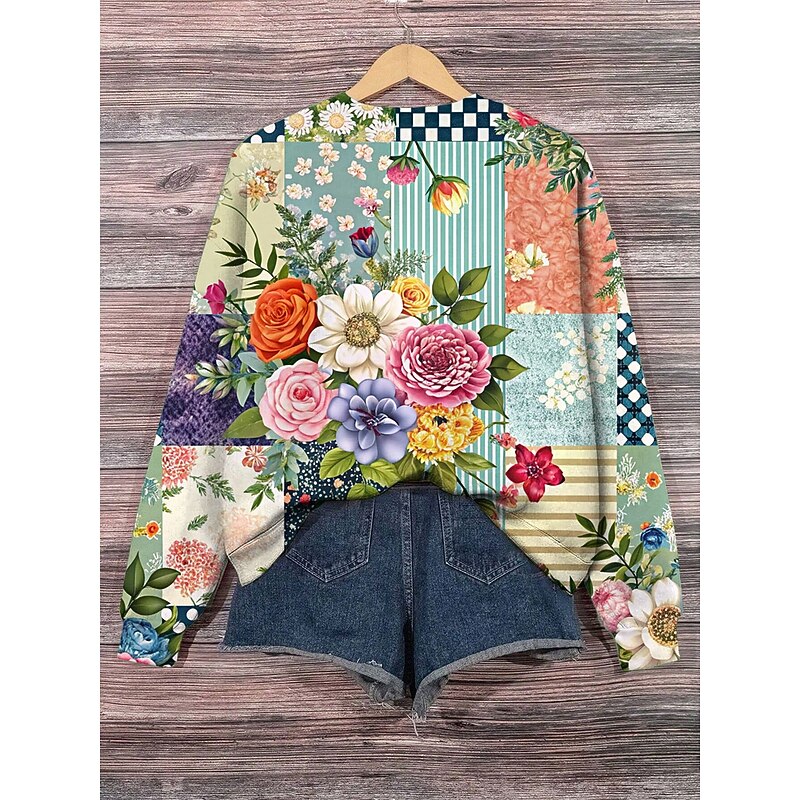 Women's Pullover Floral Graphic Warm Classic Casual Long Sleeve Crew Neck Regular Tops Home Street Dailywear Print Yellow Pink Blue Green Fall Winter2