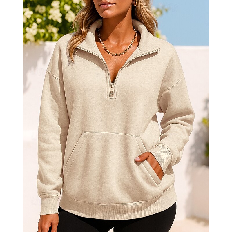Women's Pullover Sweatshirt Casual Tops Quarter Zipper Long Sleeve Top Athleisure Solid Colored Outdoor Travel Sports Sportswear Activewear Black Dark Gray Fuchsia4