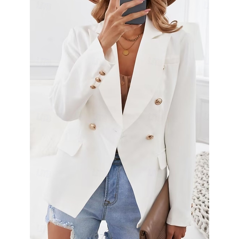 Women's Blazer Comfortable Breathable Pocket Elegant Formal Plain Office Street Casual Daily Wear Double Breasted Regular Turndown Regular Fit Long Sleeve Outerwear White Khaki Summer Spring