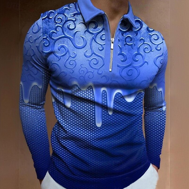 Men's 3D Print Geometic Polo Long Sleeve Turndown Modern Casual Sports & Outdoor Athleisure Casual Daily Zipper Spring Fall Winter Lake blue Red Blue2