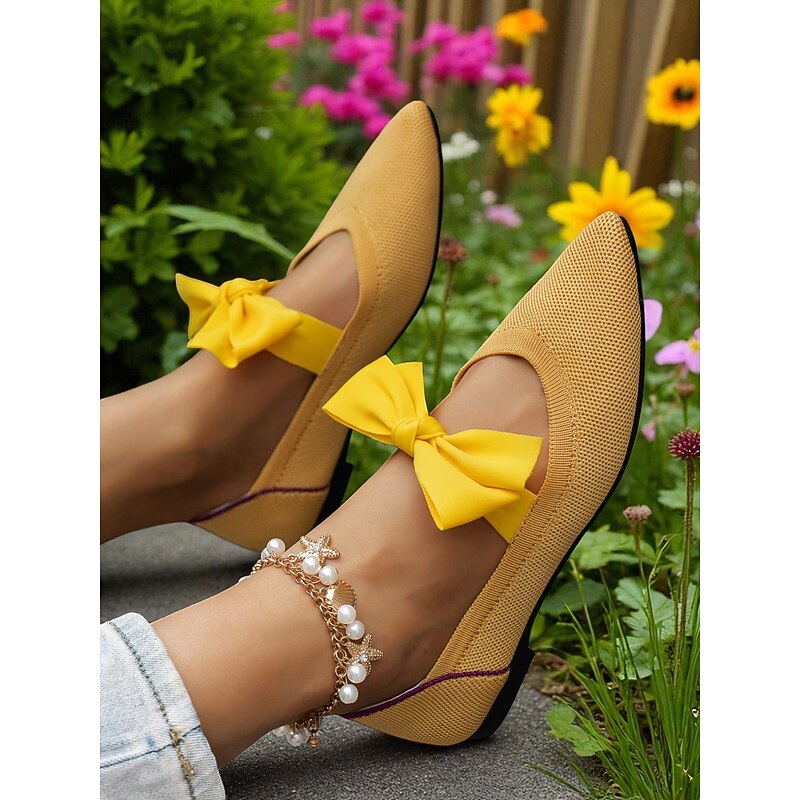 Women's Yellow Flyknit Flats with Bow – Breathable Lightweight Pointed Toe Shoes for Daily Wear and Picnics4