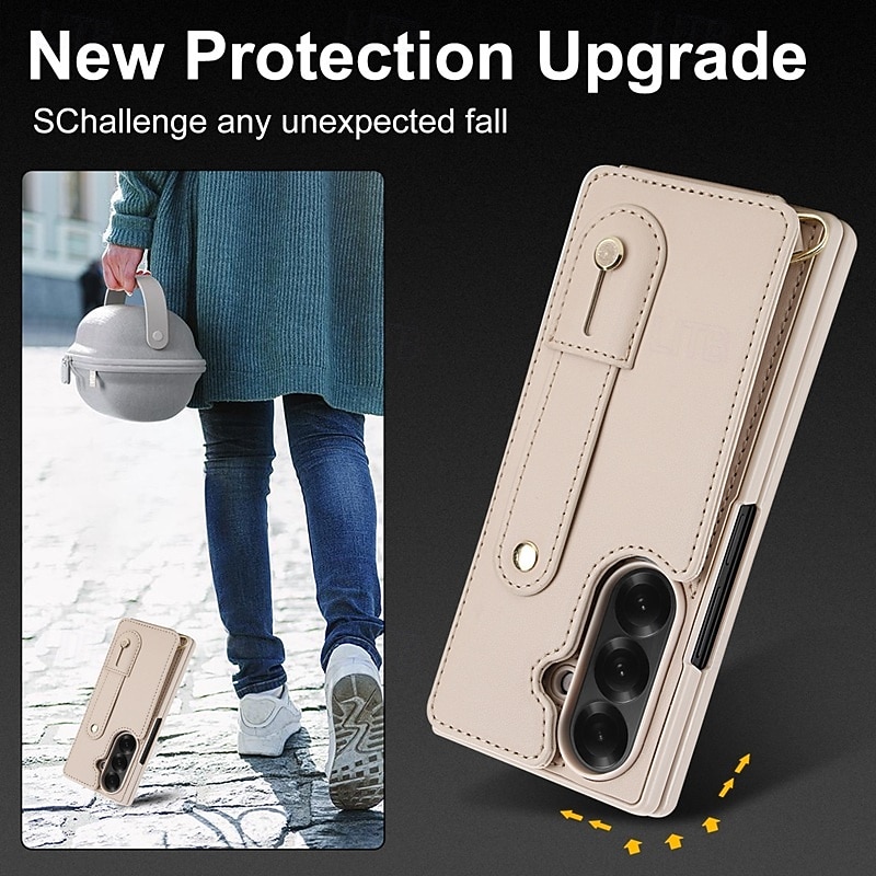 Phone Case For Samsung Galaxy Z Fold 7 Z Fold 6 Z Fold 5 Z Fold 4 with Wrist Strap Kickstand Card Slot Retro TPU PU Leather3