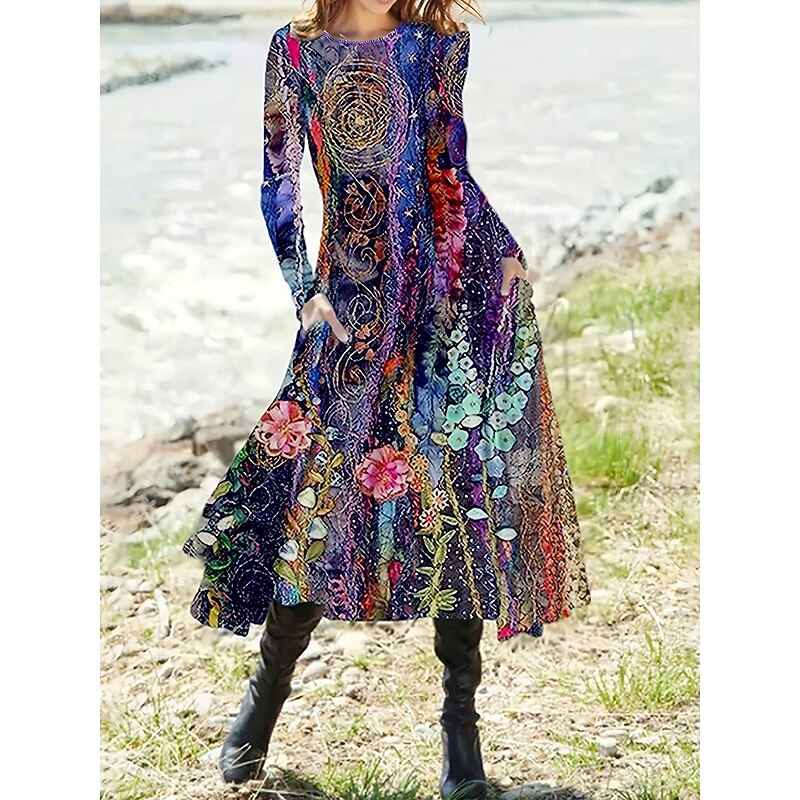 Women's Midi Dress A Line Dress Fit And Flare Dress Vacation Casual Daily Regular Fit Graphic Geometric Long Sleeve Crew Neck Black White Red Blue Summer Spring Fall Winter2