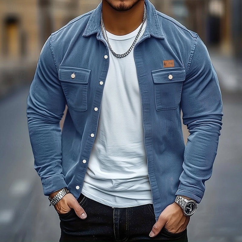 Men's Solid Color Corduroy Shirt Shirt Jacket Overshirt Long Sleeve Casual Outdoor Dailywear Fall Winter Turndown Button-Down Warm Jacket with Flap Pockets Red Blue Green Khaki Gray