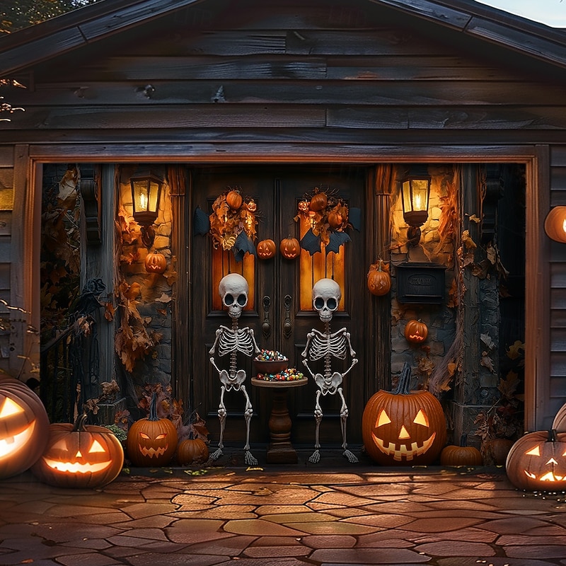 Halloween Garage Door Cover Large Hanging Backdrop Skeleton Pumpkin 3D Dark Punk Gothic Style Party Outdoor Shooting Backgrounds Front Door Home Decor