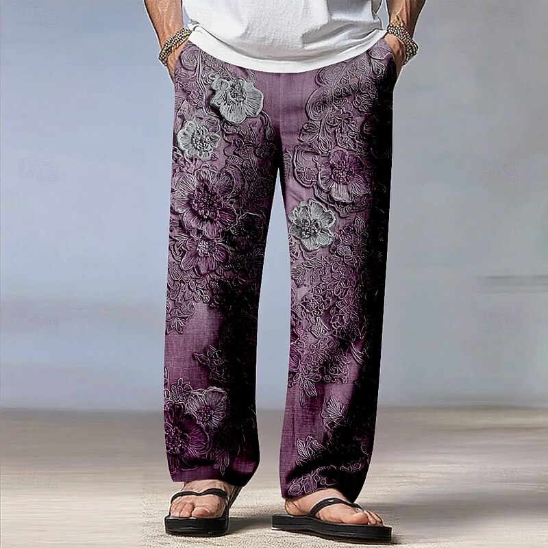 Men's Floral Print Flowers Pants Trousers Casual Pants Mid Waist Drawstring Elastic Waist Bohemian Vintage Retro Outdoor Vacation Straight Leg Trousers Spring Fall 3D Print Blue Purple Brown