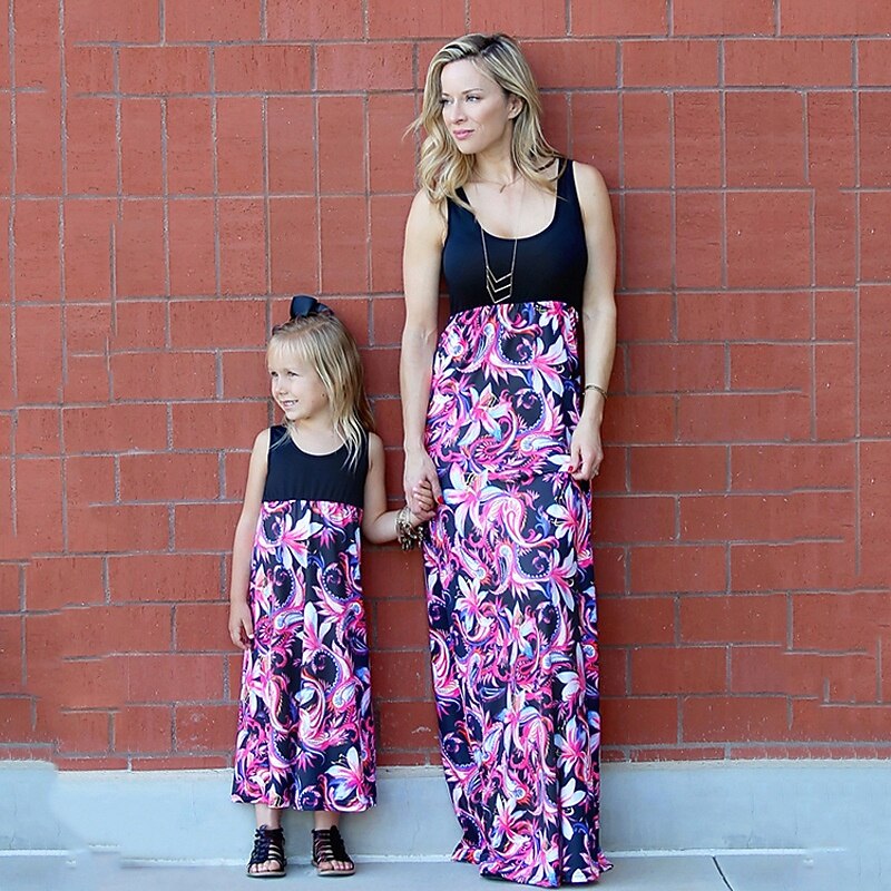 Mommy and Me Dresses Floral Street Patchwork Light Pink Black-1 Black-3 Sleeveless Maxi Tank Dress Active Matching Outfits4