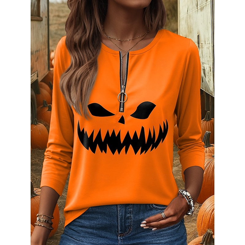 Halloween Women's T shirt Pumpkin Graphic Vintage Stylish Casual Long Sleeve Round Neck Regular Tops Daily Weekend Zipper Print Black Yellow Orange Spring Fall Winter