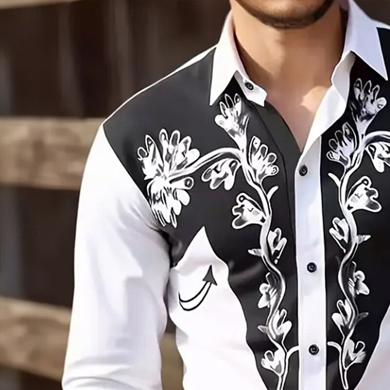 Men's Ethnic Baroque Scrollwork Shirt Western Shirt Cowboy Shirt Long Sleeve Vintage Retro Outdoor Vacation Spring Fall Turndown 3D Print Linen Like Shirt White 1 White2