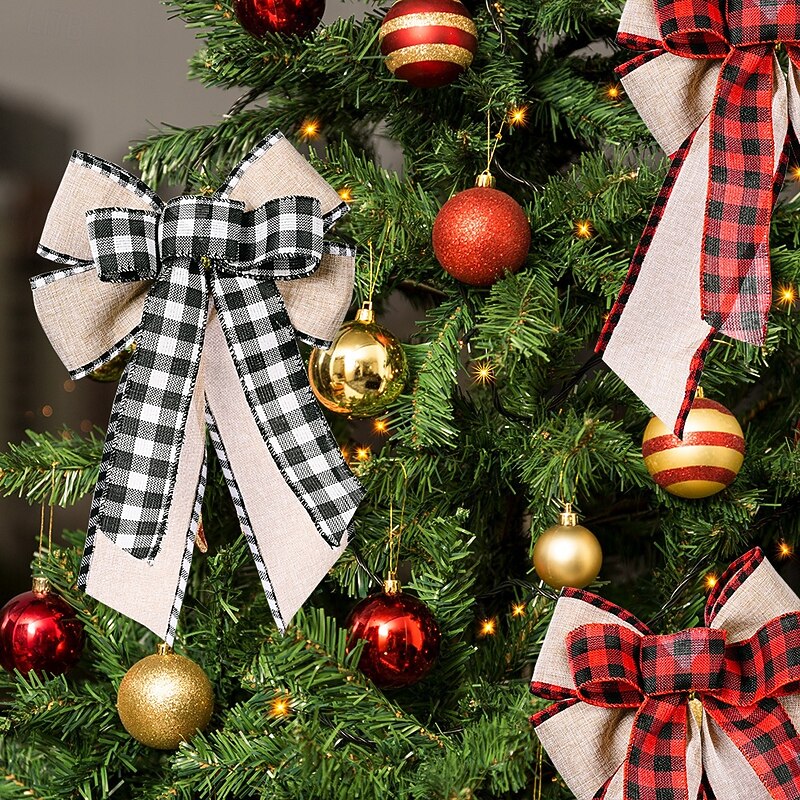 2 Pack Christmas Plaid Ribbon Bows, Decorative Xmas Tree Topper Bows with Check Edge for Holiday Party and Home Decoration2