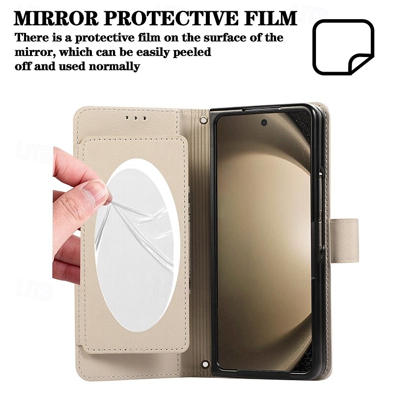 Phone Case For Samsung Galaxy Z Fold 7 Z Fold 6 Z Fold 5 Z Fold 4 Back Cover Mirror with Lanyard Kickstand Retro TPU PU Leather2