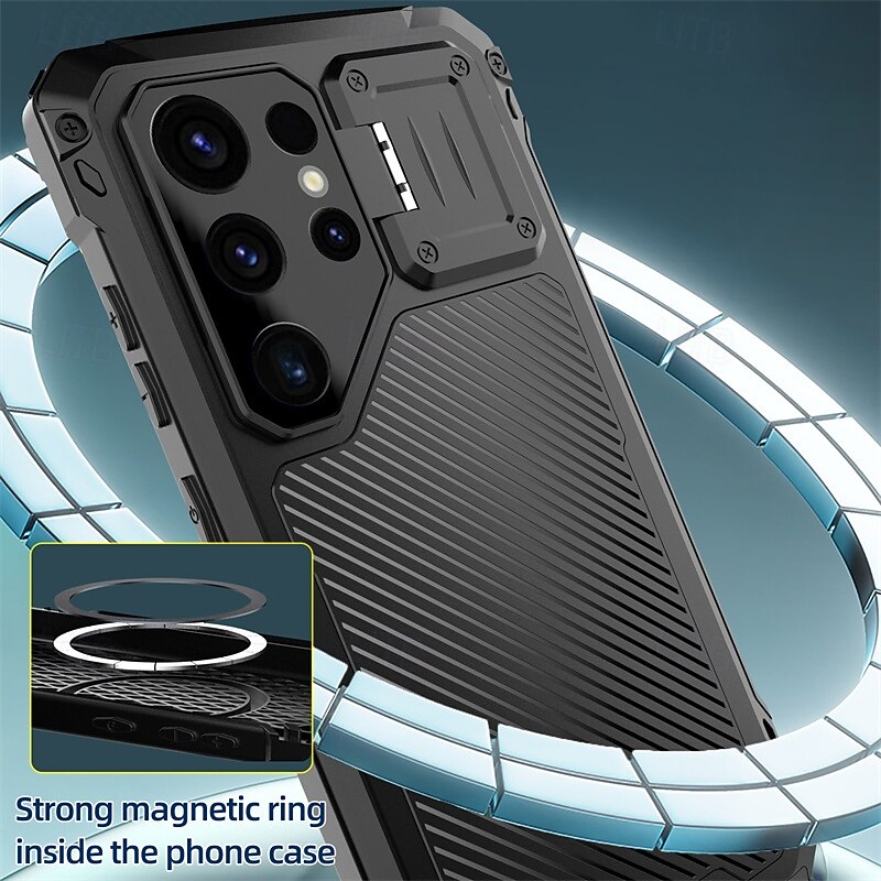 Phone Case For Samsung Galaxy S25 Ultra S25 Edge S24 Ultra S23 Ultra S22 Ultra Magnetic Adsorption Support Wireless Charging Shockproof Retro Armor PET Aluminum Alloy Tempered Glass3