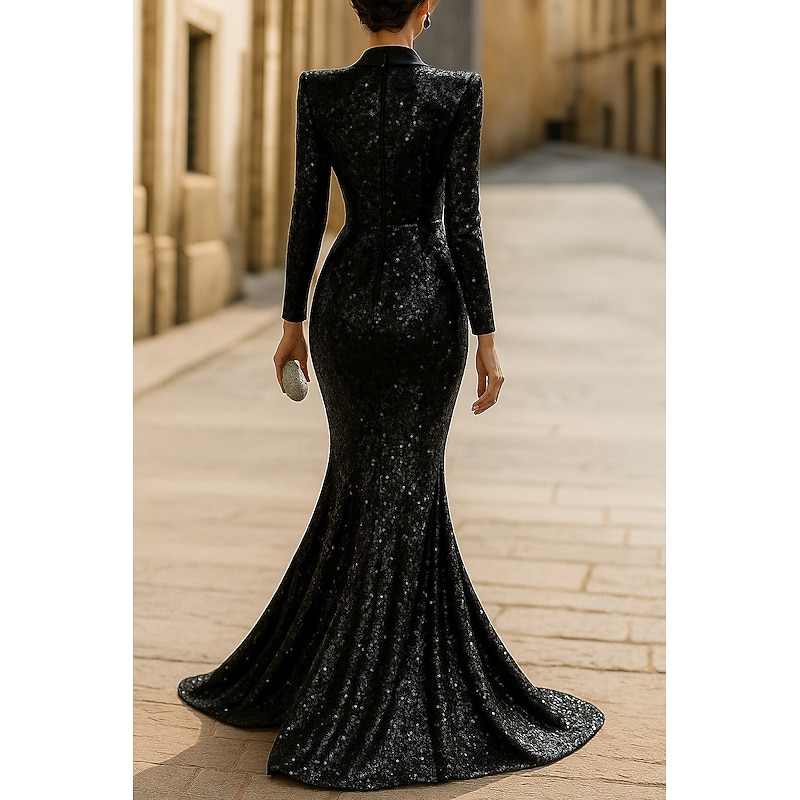 Tuxedo Dress Mermaid / Trumpet Mermaid Formal Wedding Wedding Guest Sequin Elegant Glittering Long Sleeve Floor Length Peak Lapel Double Breasted2