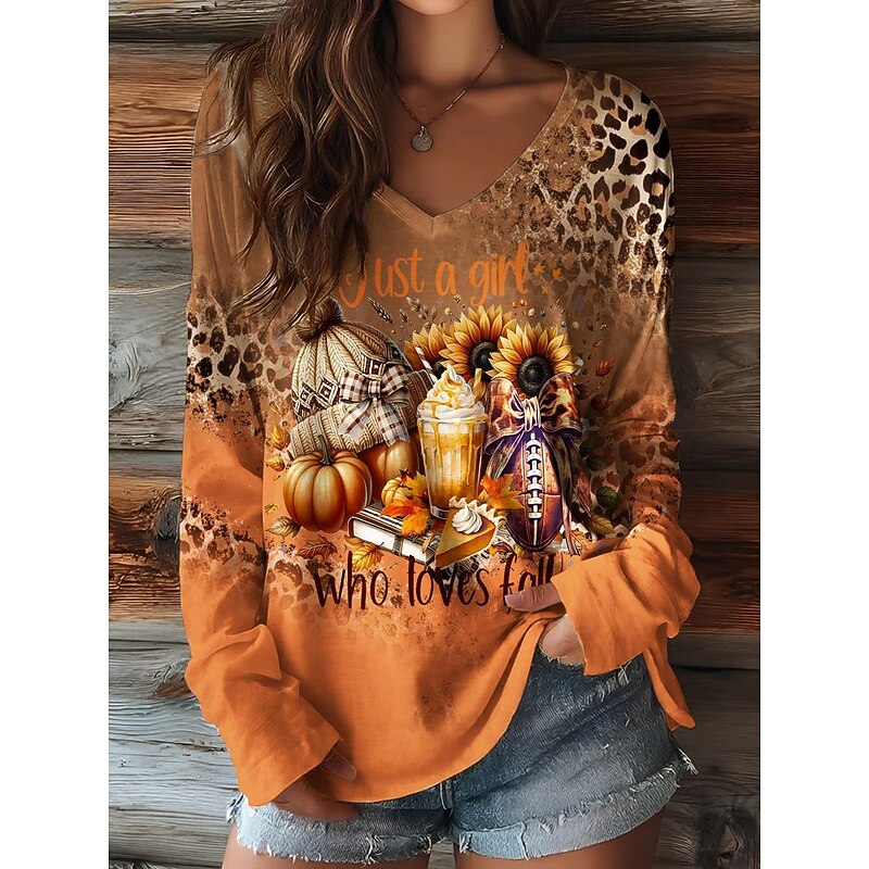 Halloween Women's T shirt Pumpkin Graphic Vintage Stylish Casual Long Sleeve V Neck Regular Tops Daily Weekend Print Black Yellow Orange Brown Spring Fall2