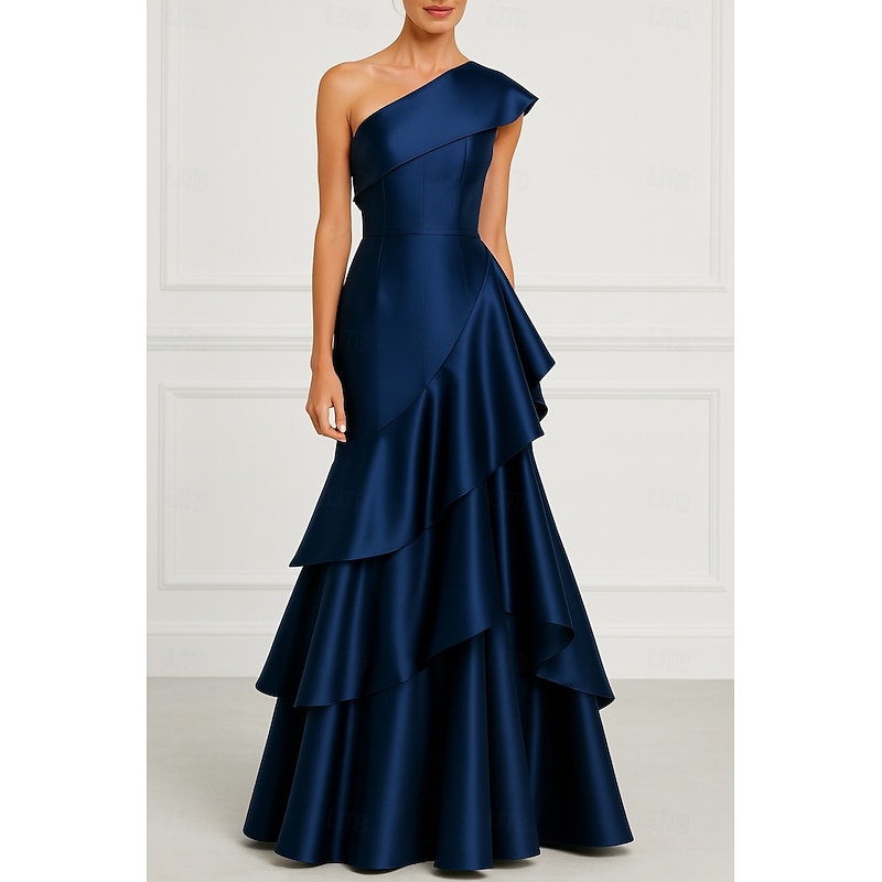 Blue Red A-Line Evening Gown Elegant Dress Formal Wedding Floor Length Sleeveless One Shoulder Satin with Ruffles 2025