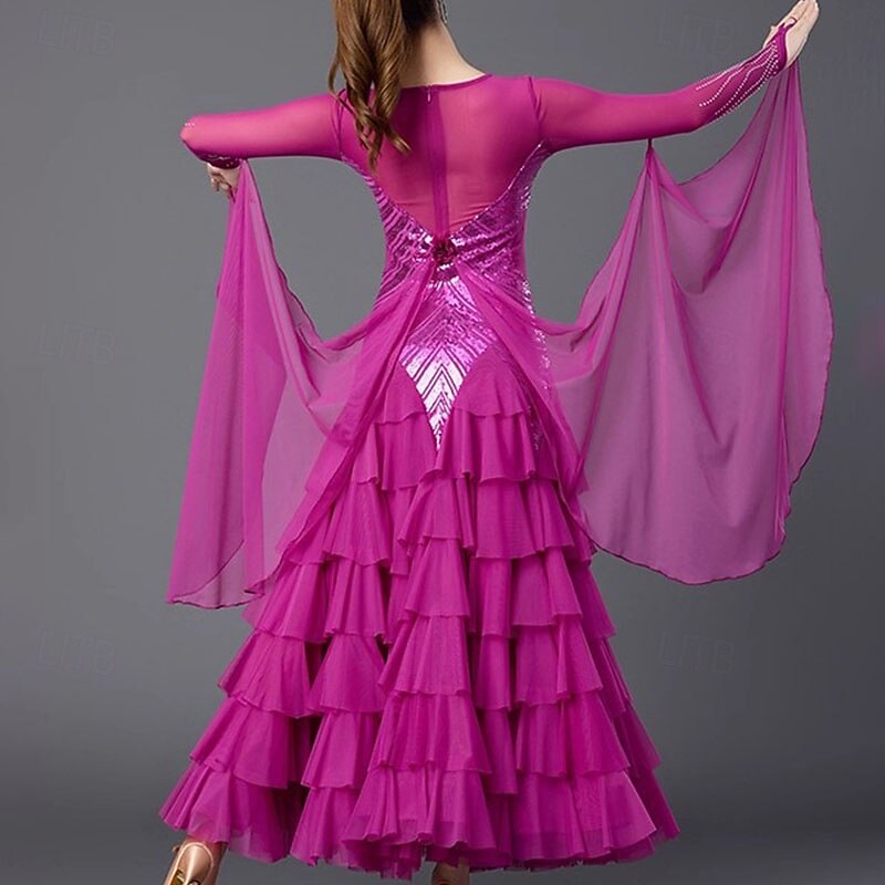 Ballroom Dance Dress Sequins Women's Performance Party Long Sleeve Linen Cotton Blend2