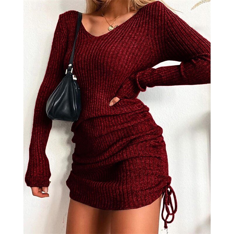 Women's Mini Dress Sweater Dress Fashion Modern Outdoor Vacation Holiday Regular Fit Plain Long Sleeve V Neck Black Yellow Wine Dark Green Fall2