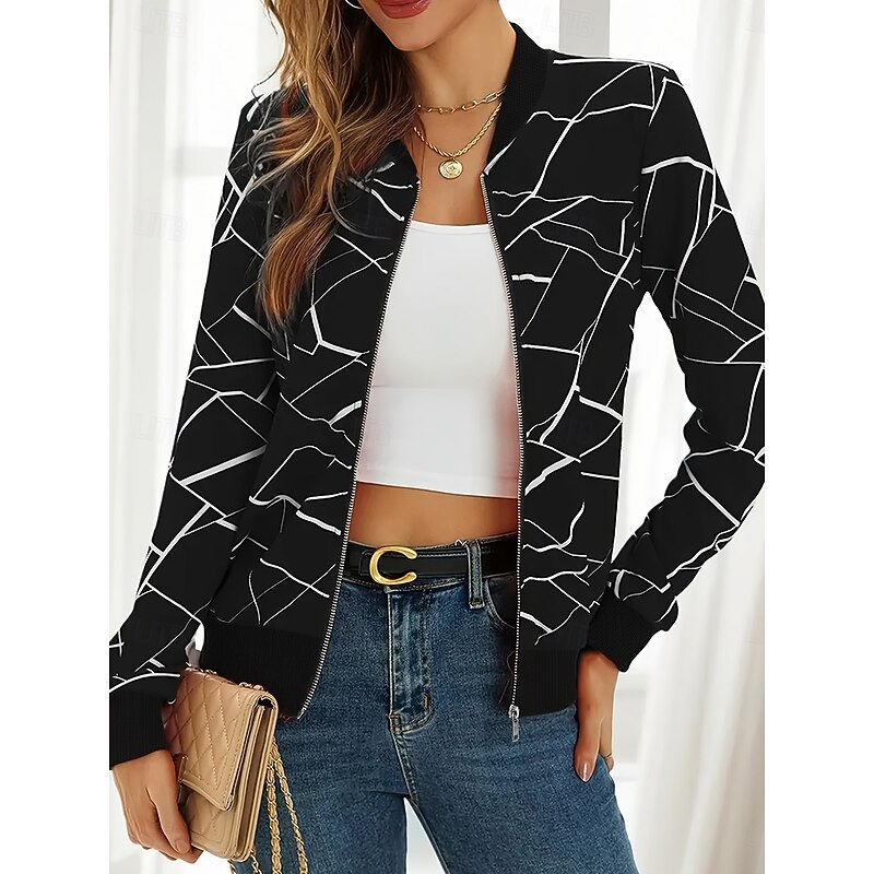 Women's Casual Jacket Warm Quick Dry Zipper Pocket Fashion Daily Casual Abstract Vacation Casual Daily Regular Baseball Collar Regular Fit Long Sleeve Outerwear Navy White Red Spring Fall2