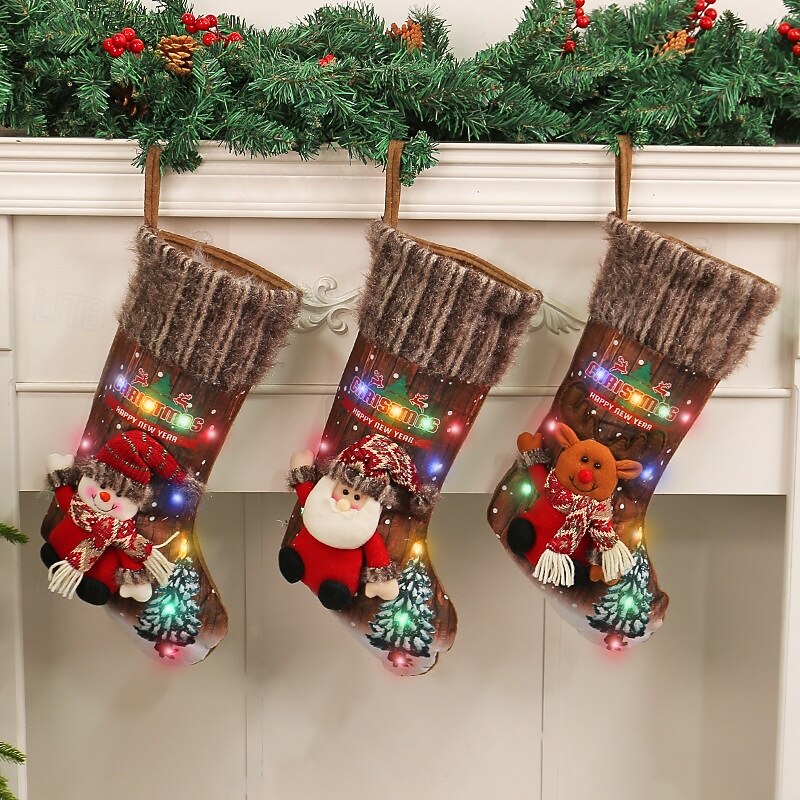 1 PC Christmas Stocking with Christmas Lights Tree Hanging Ornament Kids Gift Bag Fireplace Decoration Sock for Holiday Party Home Winter Festival Celebration