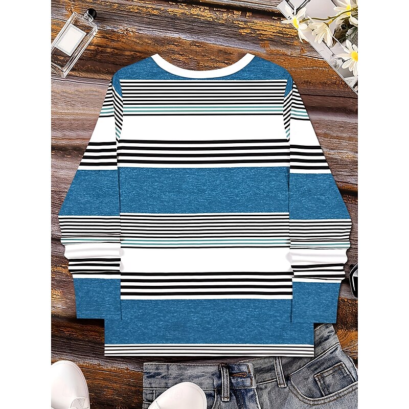 Women's T shirt Long Sleeve Graphic Geometric Striped Vintage Stylish Classic Long Sleeve V Neck Regular Tops Daily Print Royal Blue Sky Blue Spring Fall Winter Prefall3