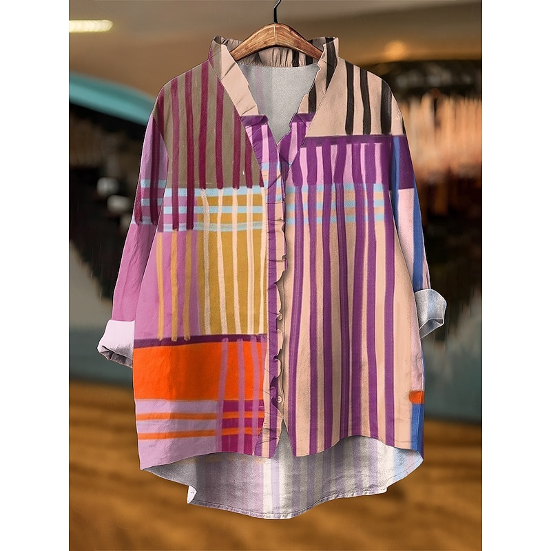 Women's Blouse Graphic Geometric Elegant Active Vintage Long Sleeve V Neck Daily Holiday Ruffle Red Royal Blue Blue Purple Green Summer Spring Fall4